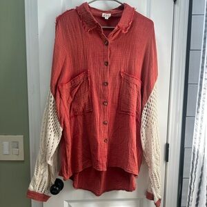POL Button Up Shacket w/ Crochet Sleeves